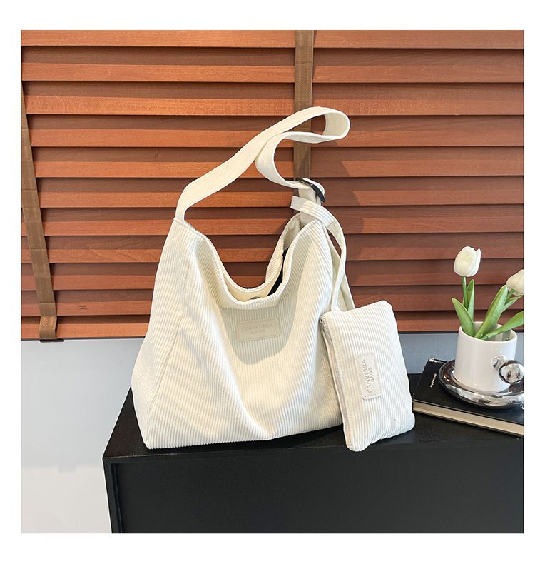 Large Capacity Shoulder Bag Trendy Corduroy Tote Bag Solid Color Ladies Handbag With Samll Bag 2Pcs Set