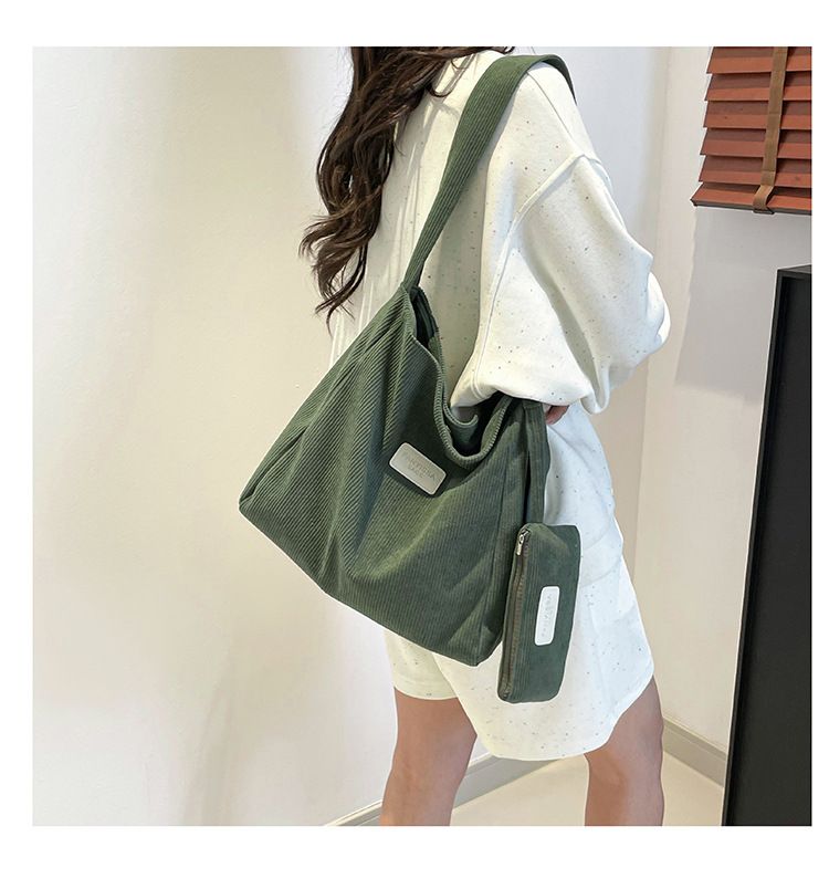 Large Capacity Shoulder Bag Trendy Corduroy Tote Bag Solid Color Ladies Handbag With Samll Bag 2Pcs Set
