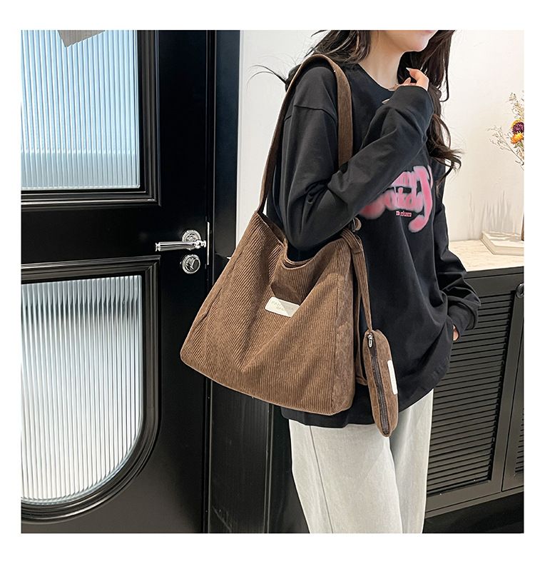 Large Capacity Shoulder Bag Trendy Corduroy Tote Bag Solid Color Ladies Handbag With Samll Bag 2Pcs Set