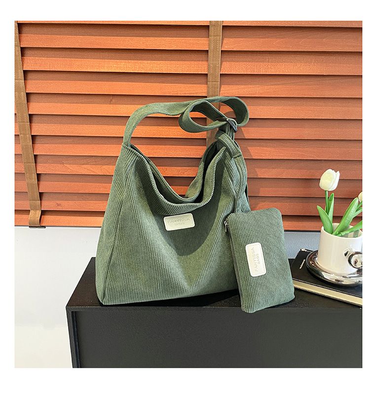 Large Capacity Shoulder Bag Trendy Corduroy Tote Bag Solid Color Ladies Handbag With Samll Bag 2Pcs Set