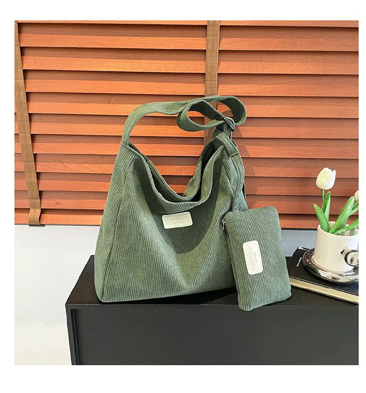 Large Capacity Shoulder Bag Trendy Corduroy Tote Bag Solid Color Ladies Handbag With Samll Bag 2Pcs Set