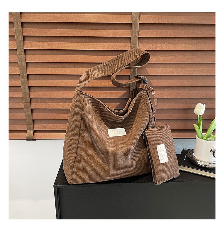 Large Capacity Shoulder Bag Trendy Corduroy Tote Bag Solid Color Ladies Handbag With Samll Bag 2Pcs Set