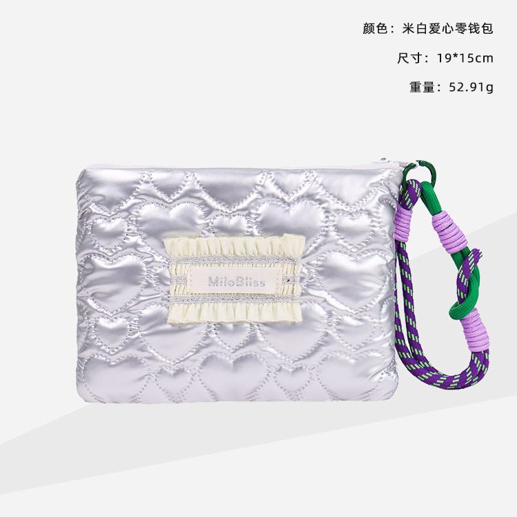 Love Heart Silver Coin Purse Korean Style with Hanging Rope Small Item Bag Handbag Makeup Organizer Sanitary Napkin Storage Bag