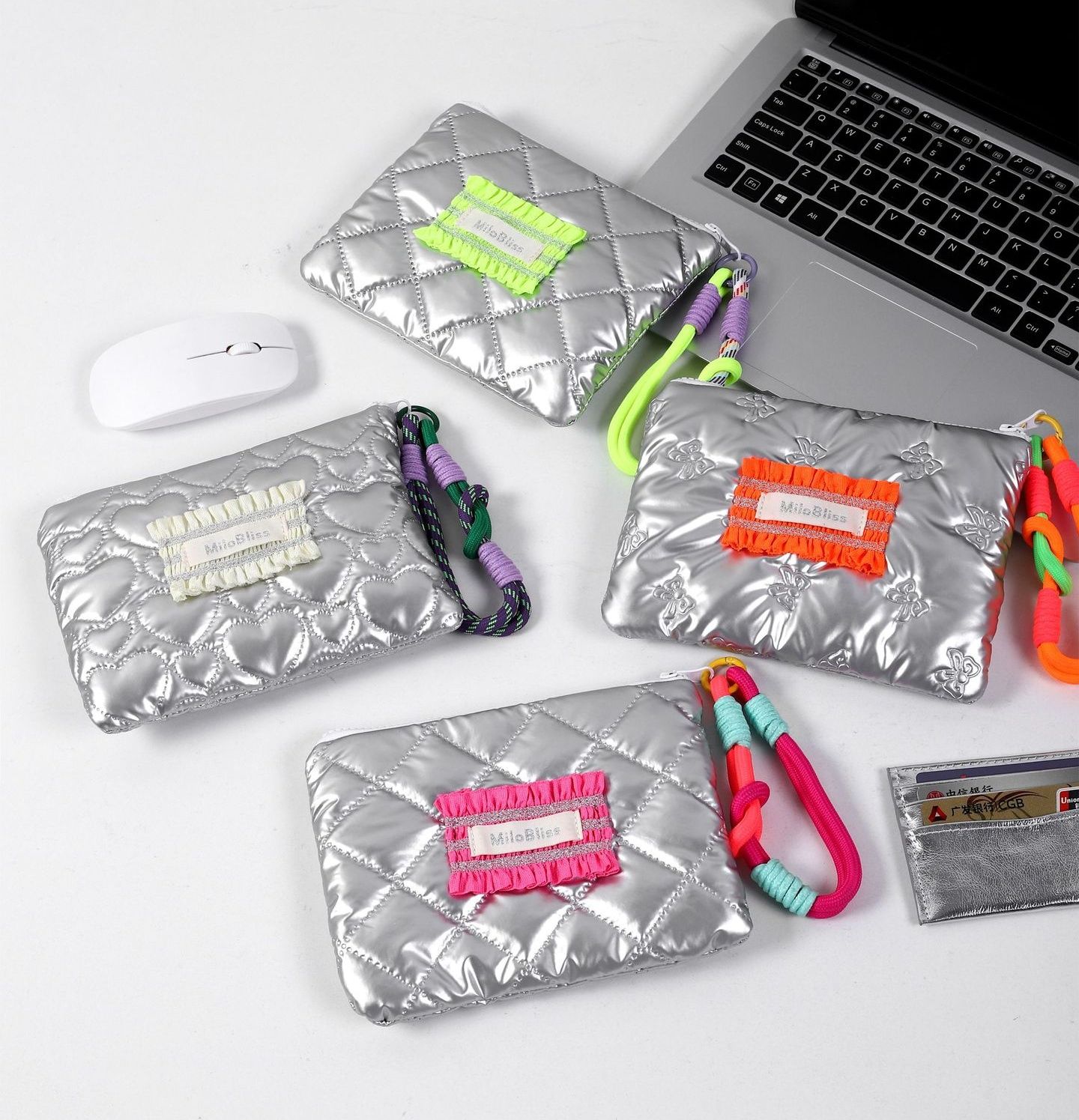 Love Heart Silver Coin Purse Korean Style with Hanging Rope Small Item Bag Handbag Makeup Organizer Sanitary Napkin Storage Bag