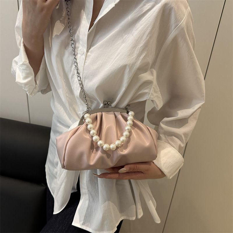 Women's Crossbody Bags Pleated Clouds Handbag Soft Leather Shell Clip Shoulder Bag Pearl Chain Evening Bag Luxury Clutch Purse B0126