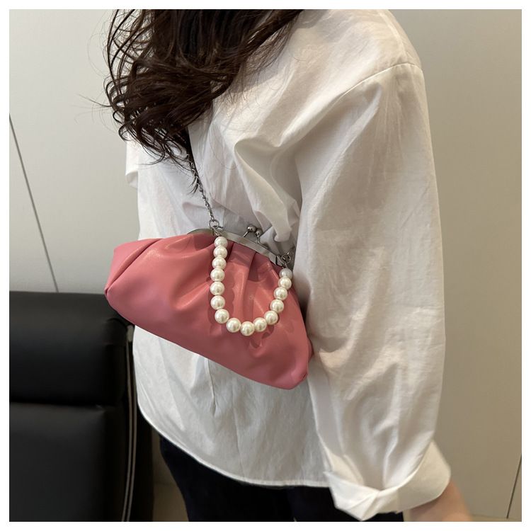 Women's Crossbody Bags Pleated Clouds Handbag Soft Leather Shell Clip Shoulder Bag Pearl Chain Evening Bag Luxury Clutch Purse B0126