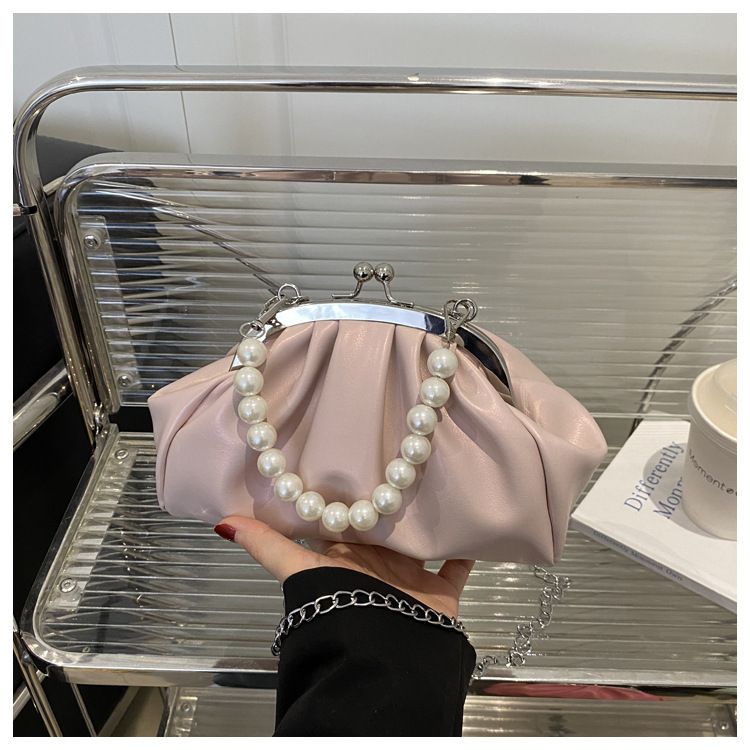 Women's Crossbody Bags Pleated Clouds Handbag Soft Leather Shell Clip Shoulder Bag Pearl Chain Evening Bag Luxury Clutch Purse B0126