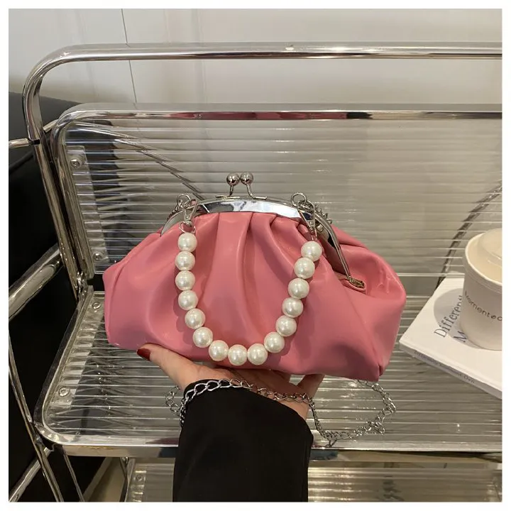 Women's Crossbody Bags Pleated Clouds Handbag Soft Leather Shell Clip Shoulder Bag Pearl Chain Evening Bag Luxury Clutch Purse B0126