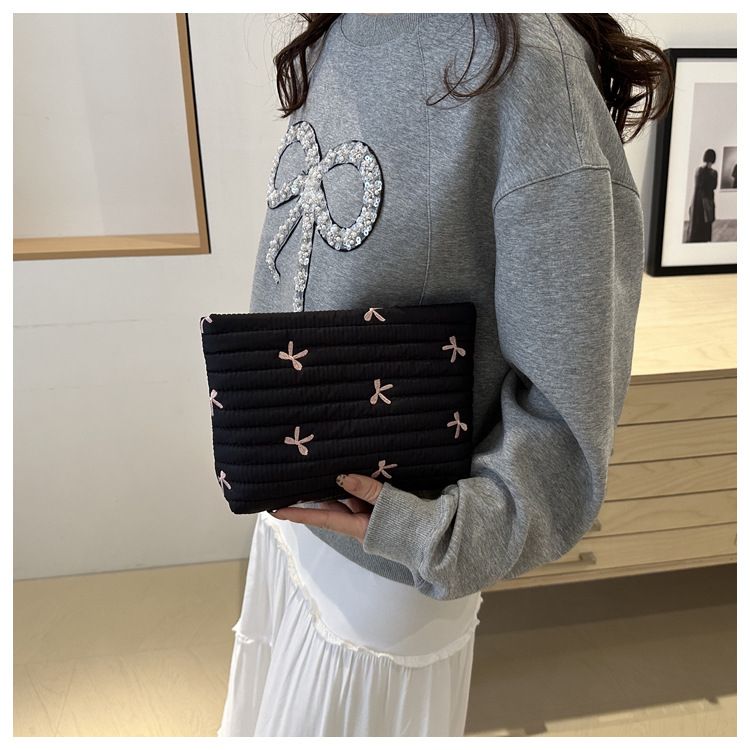 Cute Sweet Girl Heart Embroidered Bow Pencil Case Stationery Bag Square Shape Cosmetics Storage Bag Pencil Case Writing Supplies