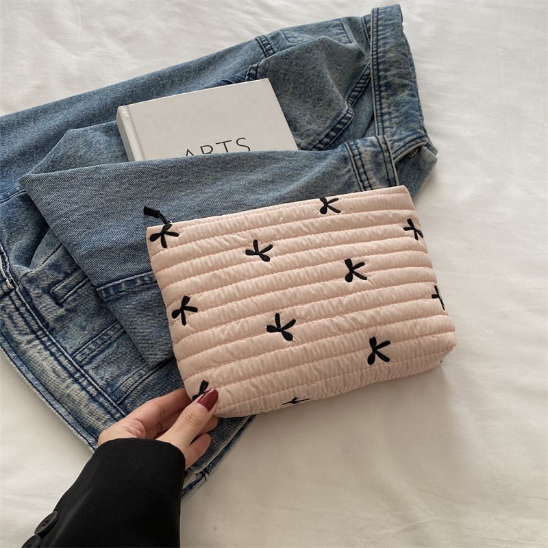 Cute Sweet Girl Heart Embroidered Bow Pencil Case Stationery Bag Square Shape Cosmetics Storage Bag Pencil Case Writing Supplies