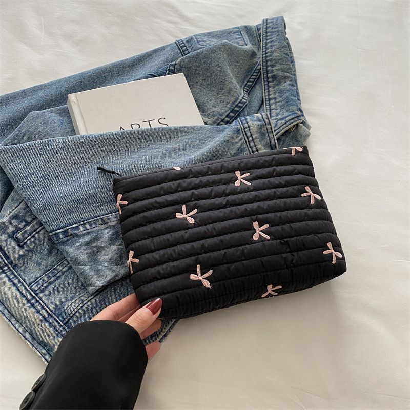Cute Sweet Girl Heart Embroidered Bow Pencil Case Stationery Bag Square Shape Cosmetics Storage Bag Pencil Case Writing Supplies