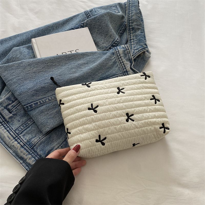 Cute Sweet Girl Heart Embroidered Bow Pencil Case Stationery Bag Square Shape Cosmetics Storage Bag Pencil Case Writing Supplies