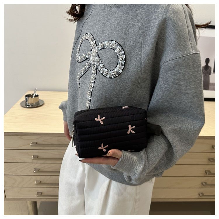 Ins Style Simple Black Bow Pencil Case Large Capacity Storage Bag Cosmetic Bag Stationery Organizer School Supplies