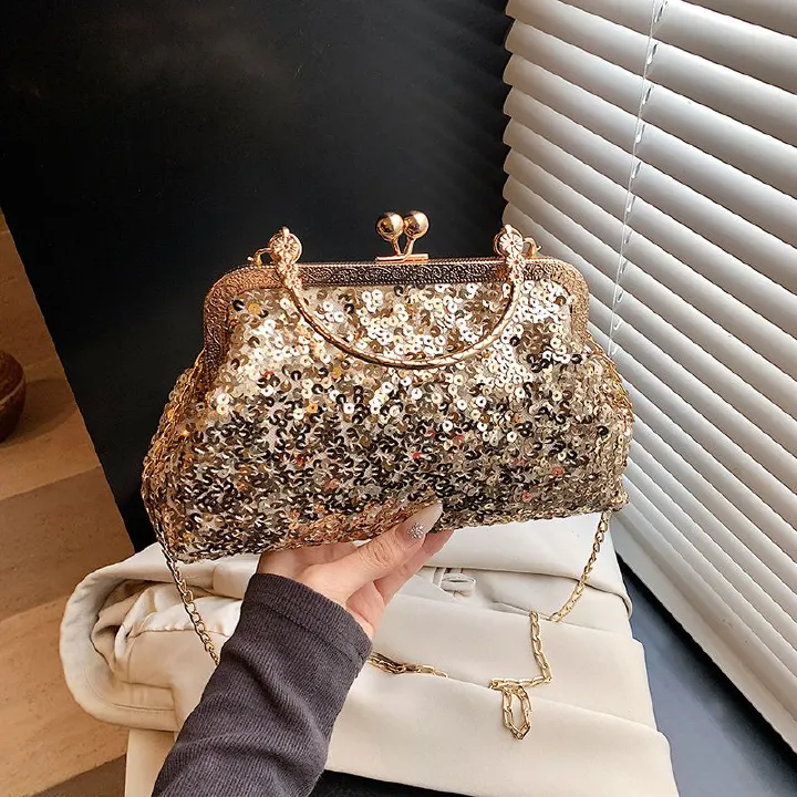 Trendy Shining Gold Silver Pink Sequin Ladies Dinner Evening Bags Metal Chain Shoulder Bag Crossbody For Women Prom Party Clutch B0286