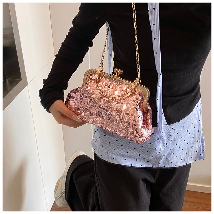 Trendy Shining Gold Silver Pink Sequin Ladies Dinner Evening Bags Metal Chain Shoulder Bag Crossbody For Women Prom Party Clutch B0286