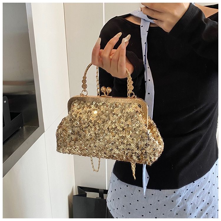 Trendy Shining Gold Silver Pink Sequin Ladies Dinner Evening Bags Metal Chain Shoulder Bag Crossbody For Women Prom Party Clutch B0286