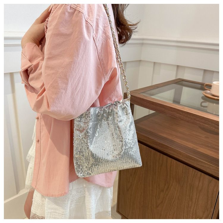 Silver Shinny Sequins Women Handbags Designer Chains Square Shoulder Crossbody Bags Luxury Evening Party Small Female Bag B0178