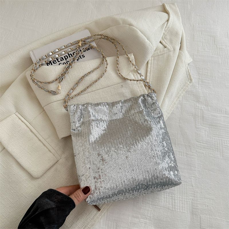 Silver Shinny Sequins Women Handbags Designer Chains Square Shoulder Crossbody Bags Luxury Evening Party Small Female Bag B0178