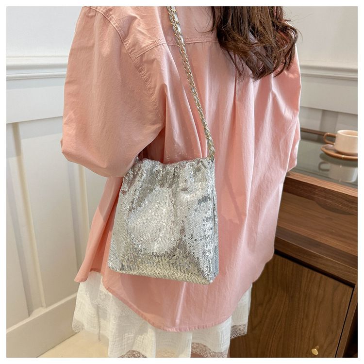 Silver Shinny Sequins Women Handbags Designer Chains Square Shoulder Crossbody Bags Luxury Evening Party Small Female Bag B0178