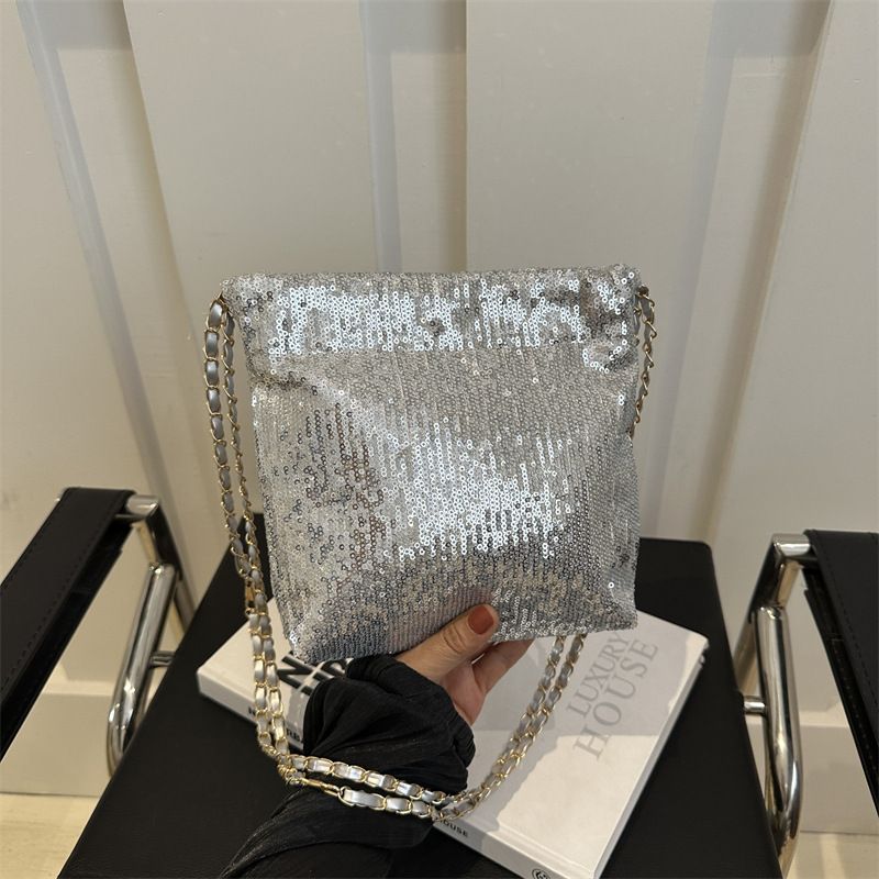 Silver Shinny Sequins Women Handbags Designer Chains Square Shoulder Crossbody Bags Luxury Evening Party Small Female Bag B0178