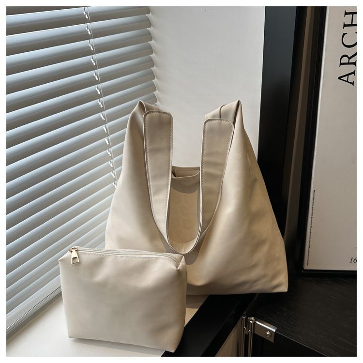 Vintage Soft PU Leather Ladies Shoulder Bag Commuter Large Handbag Women's Versatile Tote Underarm Bag 2pcs B0740