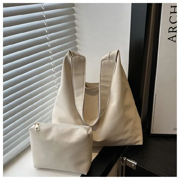 Vintage Soft PU Leather Ladies Shoulder Bag Commuter Large Handbag Women's Versatile Tote Underarm Bag 2pcs B0740