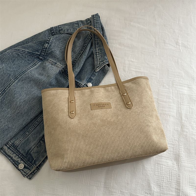Women's Corduroy Shoulder Bag Large Capacity Tote Bag with Fixed Straps Machine Washable Polyester Lined Ladies Handbag B0101