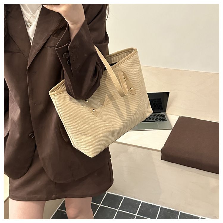 Women's Corduroy Shoulder Bag Large Capacity Tote Bag with Fixed Straps Machine Washable Polyester Lined Ladies Handbag B0101