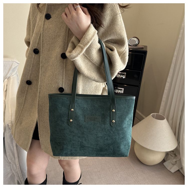Women's Corduroy Shoulder Bag Large Capacity Tote Bag with Fixed Straps Machine Washable Polyester Lined Ladies Handbag B0101