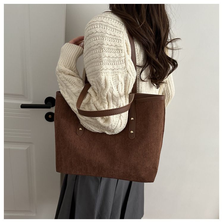 Women's Corduroy Shoulder Bag Large Capacity Tote Bag with Fixed Straps Machine Washable Polyester Lined Ladies Handbag B0101