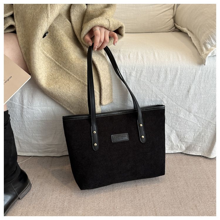 Women's Corduroy Shoulder Bag Large Capacity Tote Bag with Fixed Straps Machine Washable Polyester Lined Ladies Handbag B0101