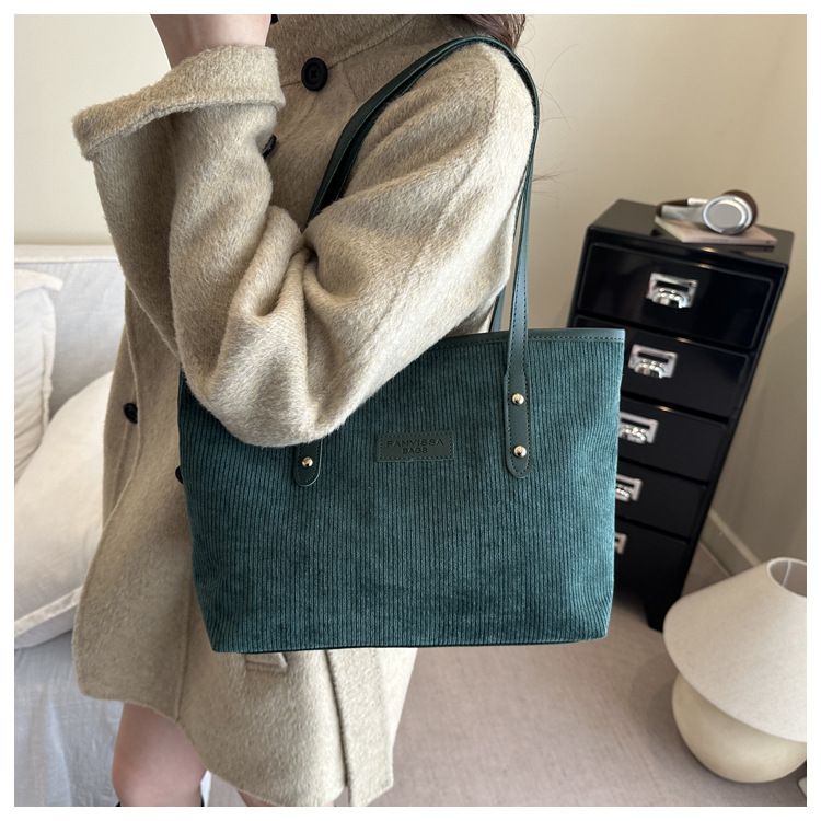 Women's Corduroy Shoulder Bag Large Capacity Tote Bag with Fixed Straps Machine Washable Polyester Lined Ladies Handbag B0101