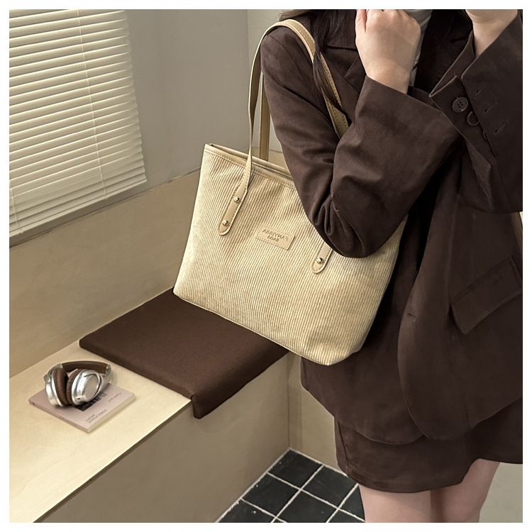 Women's Corduroy Shoulder Bag Large Capacity Tote Bag with Fixed Straps Machine Washable Polyester Lined Ladies Handbag B0101