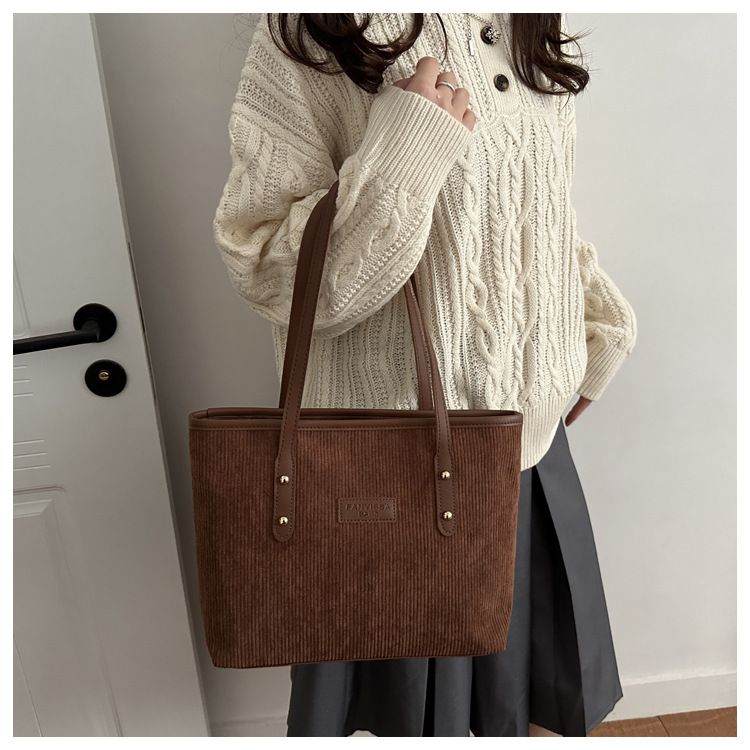 Women's Corduroy Shoulder Bag Large Capacity Tote Bag with Fixed Straps Machine Washable Polyester Lined Ladies Handbag B0101