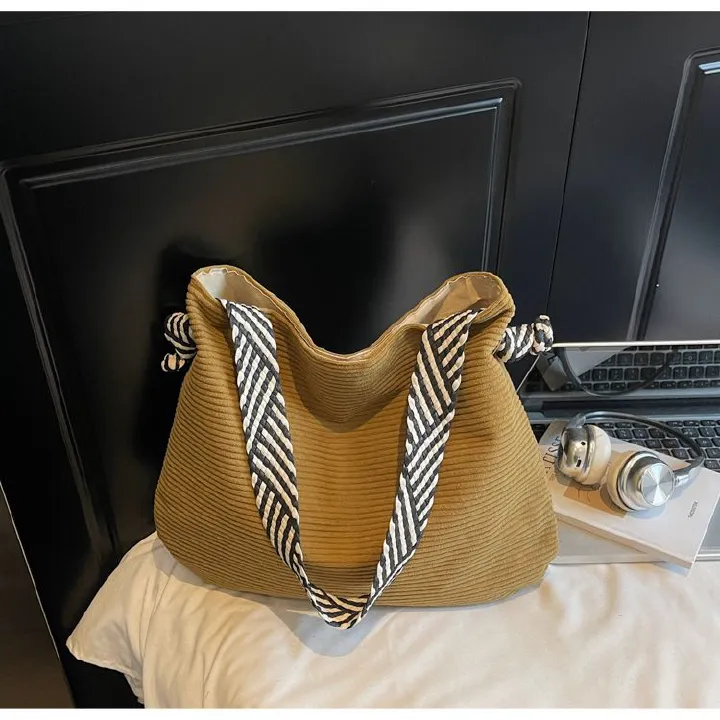 Fashionable Simple Corduroy Tote Bag Casual Versatile Commuting Women's Handbag Large Capacity Shopping Bag Soft Material B0233