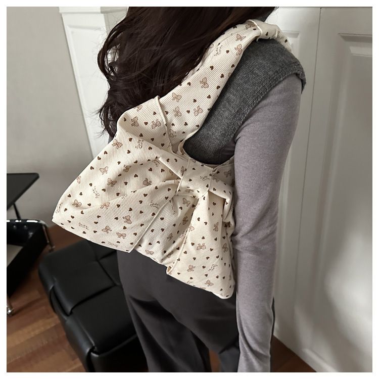 Bow Heart Polka Dot Corduroy Shoulder Bags for Women Large Capacity Ladies Casual Tote Lightweight Female Underarm Bag Handbags B0273