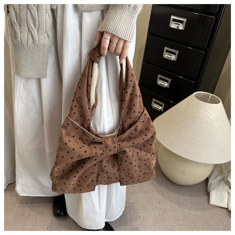 Bow Heart Polka Dot Corduroy Shoulder Bags for Women Large Capacity Ladies Casual Tote Lightweight Female Underarm Bag Handbags B0273