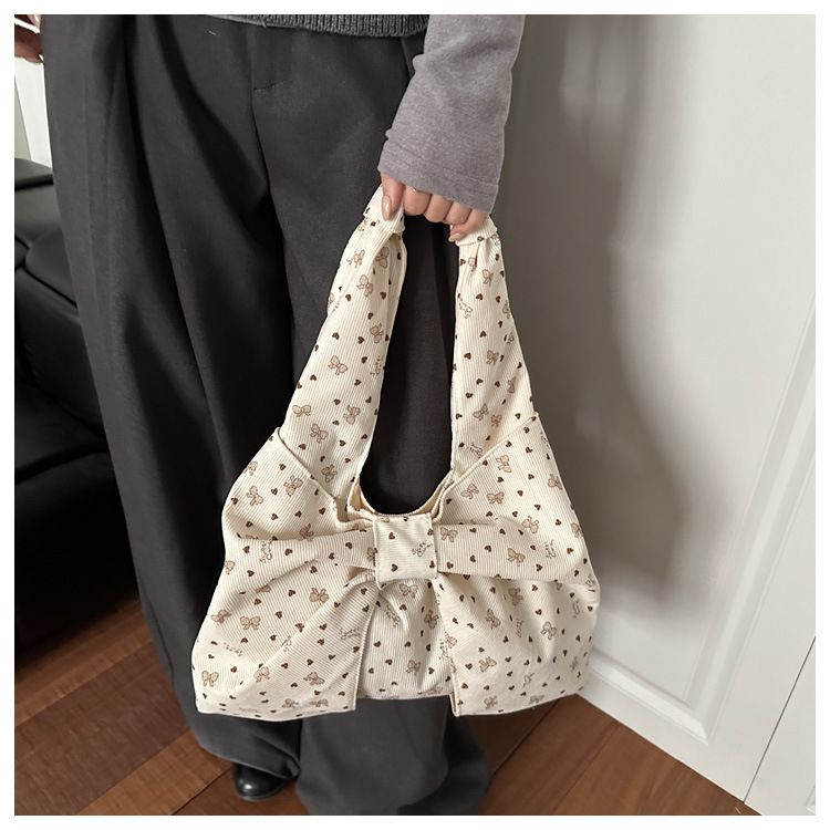 Bow Heart Polka Dot Corduroy Shoulder Bags for Women Large Capacity Ladies Casual Tote Lightweight Female Underarm Bag Handbags B0273