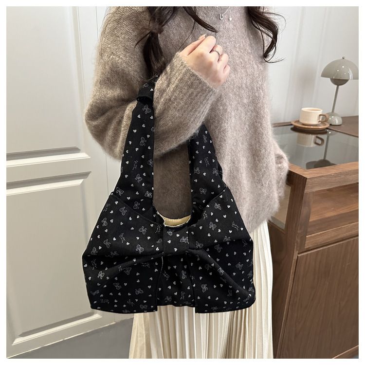Bow Heart Polka Dot Corduroy Shoulder Bags for Women Large Capacity Ladies Casual Tote Lightweight Female Underarm Bag Handbags B0273