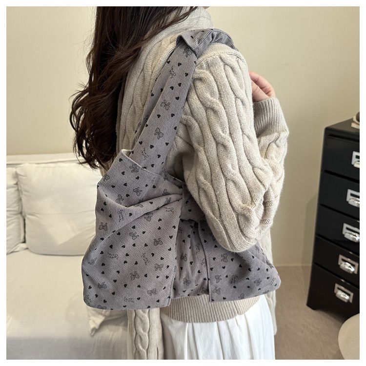Bow Heart Polka Dot Corduroy Shoulder Bags for Women Large Capacity Ladies Casual Tote Lightweight Female Underarm Bag Handbags B0273