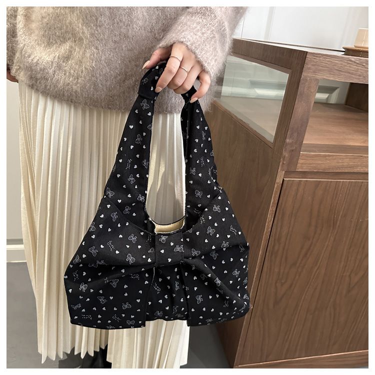 Bow Heart Polka Dot Corduroy Shoulder Bags for Women Large Capacity Ladies Casual Tote Lightweight Female Underarm Bag Handbags B0273