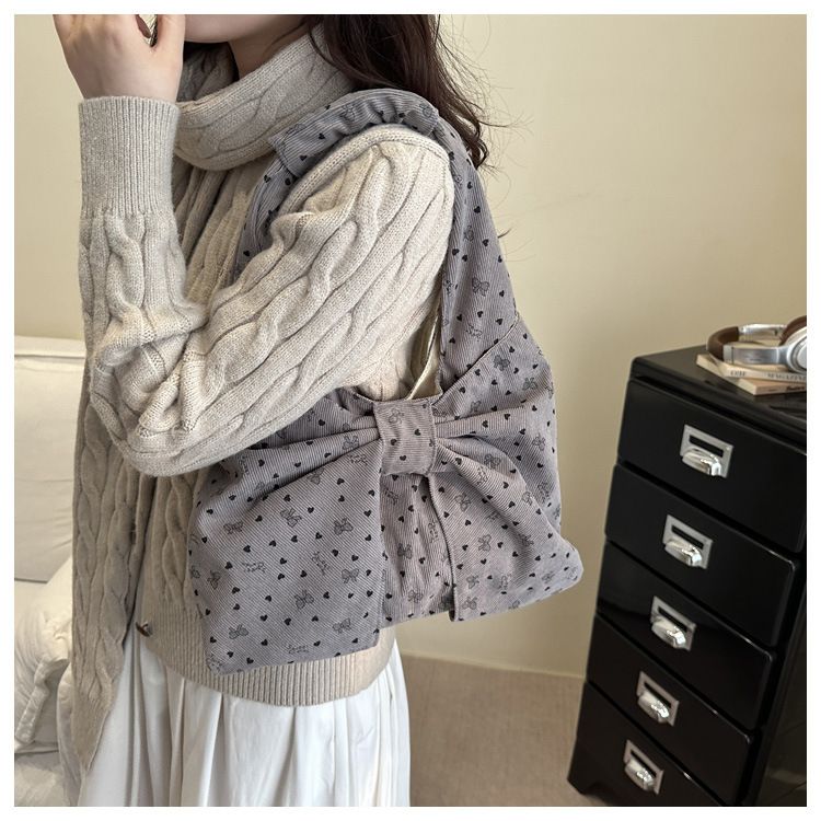 Bow Heart Polka Dot Corduroy Shoulder Bags for Women Large Capacity Ladies Casual Tote Lightweight Female Underarm Bag Handbags B0273