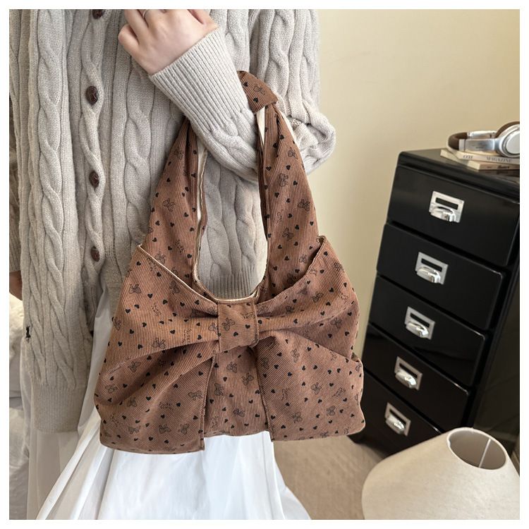 Bow Heart Polka Dot Corduroy Shoulder Bags for Women Large Capacity Ladies Casual Tote Lightweight Female Underarm Bag Handbags B0273