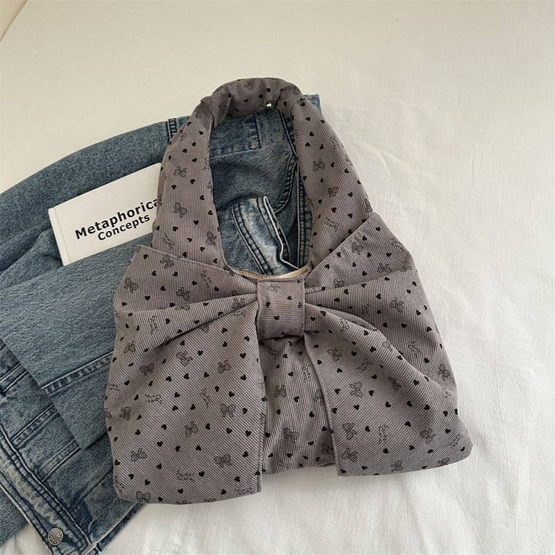 Bow Heart Polka Dot Corduroy Shoulder Bags for Women Large Capacity Ladies Casual Tote Lightweight Female Underarm Bag Handbags B0273