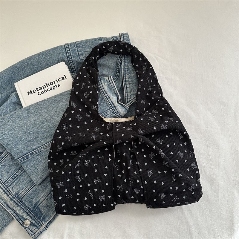 Bow Heart Polka Dot Corduroy Shoulder Bags for Women Large Capacity Ladies Casual Tote Lightweight Female Underarm Bag Handbags B0273