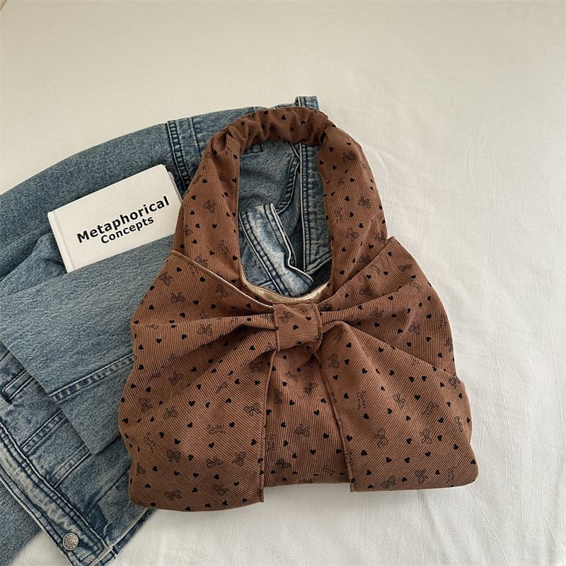 Bow Heart Polka Dot Corduroy Shoulder Bags for Women Large Capacity Ladies Casual Tote Lightweight Female Underarm Bag Handbags B0273