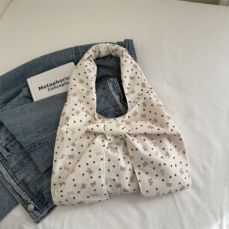Bow Heart Polka Dot Corduroy Shoulder Bags for Women Large Capacity Ladies Casual Tote Lightweight Female Underarm Bag Handbags B0273