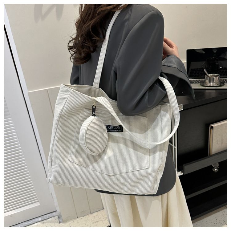 Women Corduroy Tote Handbag Zipper Vintage Tote Bag Foldable Retro Shoulder Bag with Coin Bag Large Capacity Versatile Sling Bag B0727