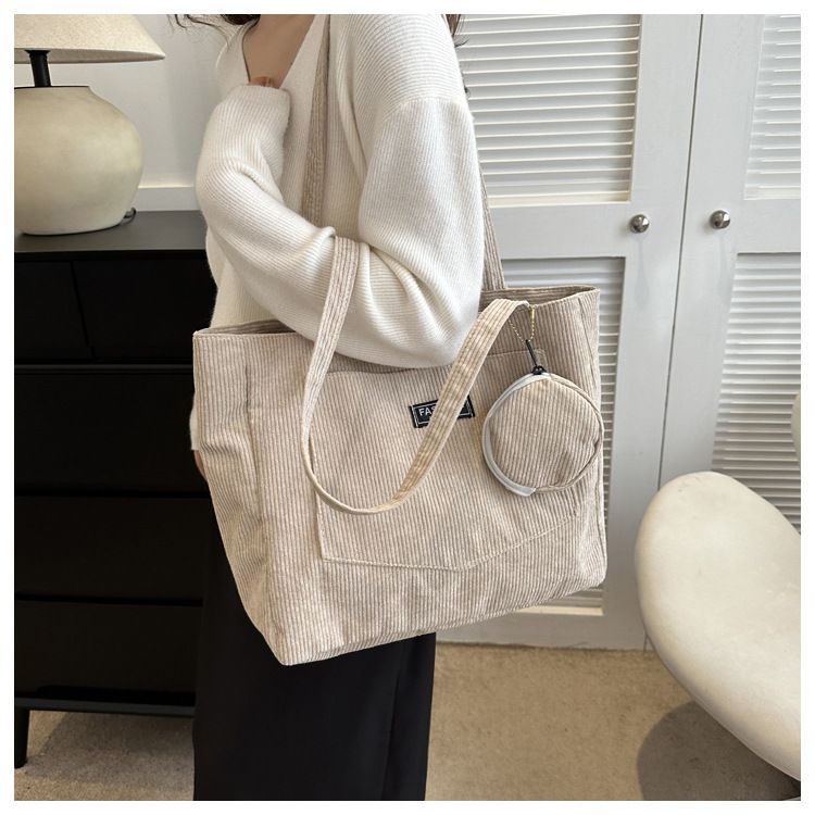 Women Corduroy Tote Handbag Zipper Vintage Tote Bag Foldable Retro Shoulder Bag with Coin Bag Large Capacity Versatile Sling Bag B0727