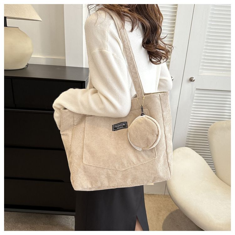 Women Corduroy Tote Handbag Zipper Vintage Tote Bag Foldable Retro Shoulder Bag with Coin Bag Large Capacity Versatile Sling Bag B0727